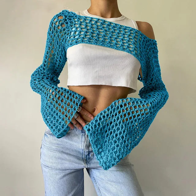 Women Big Fishnet Long Sleeve Cropped Sweaters Summer Fashion Lady O-Neck Flare Sleeve Hollow Out Short Knitted Pullovers