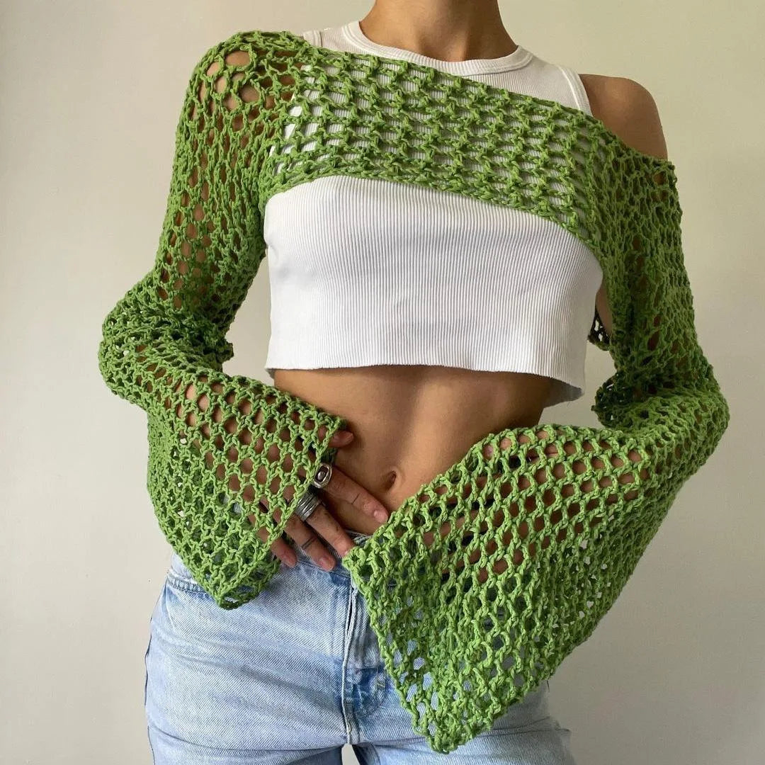 Women Big Fishnet Long Sleeve Cropped Sweaters Summer Fashion Lady O-Neck Flare Sleeve Hollow Out Short Knitted Pullovers