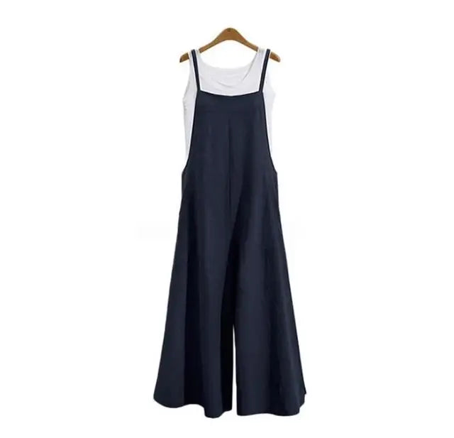 Women Straps Jumpsuit Summer Solid Color Wide Leg Pants Dungaree Bib Overalls Casual Loose Sleeveless Cotton Linen Jumpsuits 5Xl