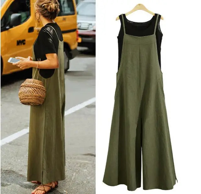 Women Straps Jumpsuit Summer Solid Color Wide Leg Pants Dungaree Bib Overalls Casual Loose Sleeveless Cotton Linen Jumpsuits 5Xl