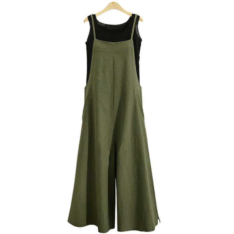 Women Straps Jumpsuit Summer Solid Color Wide Leg Pants Dungaree Bib Overalls Casual Loose Sleeveless Cotton Linen Jumpsuits 5Xl