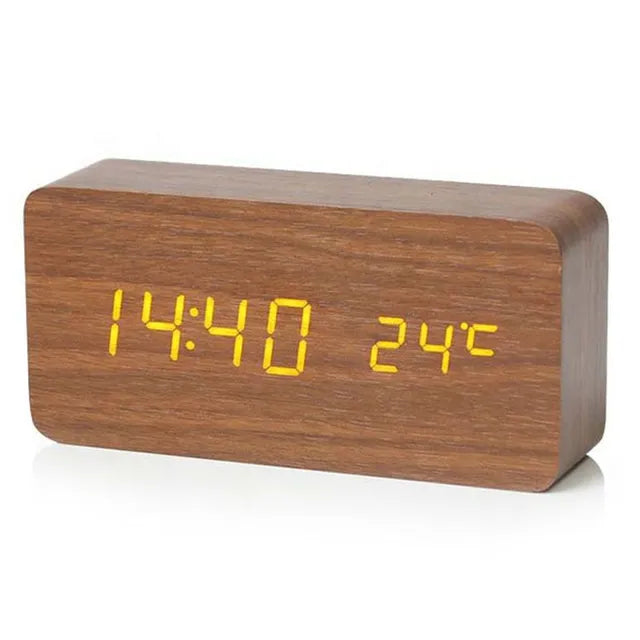 Wooden Look Digital LED Alarm Clock with Temp Ideal for Office and Bedroom