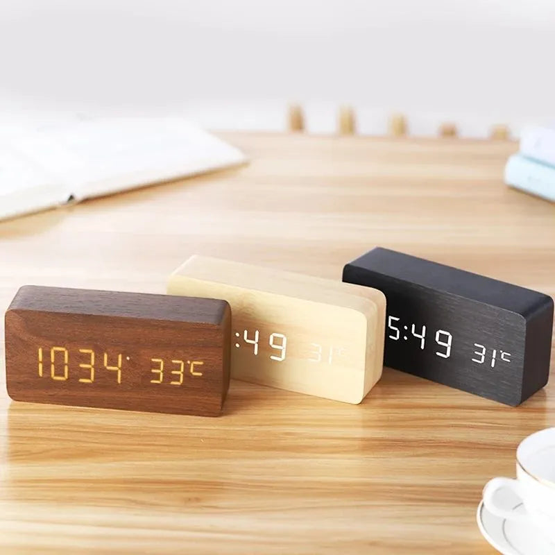 Wooden Look Digital LED Alarm Clock with Temp Ideal for Office and Bedroom