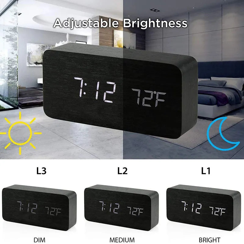 Wooden Look Digital LED Alarm Clock with Temp Ideal for Office and Bedroom