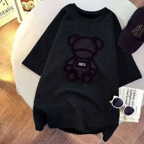 CGC Korean Women Oversized T-shirt Casual Bear Printing Short Sleeve Tees Summer Female Loose Tops Simple O-Neck T-shirt