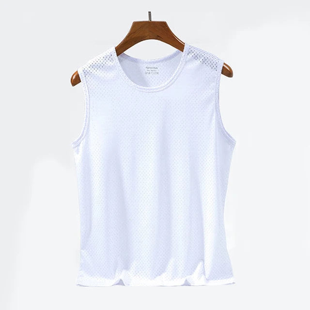 New Men Ice Silk Tops Vest Outer Wear Quick-Drying Mesh Hole Breathable Sleeveless T-Shirts Summer Cool Vest Beach Travel Tanks