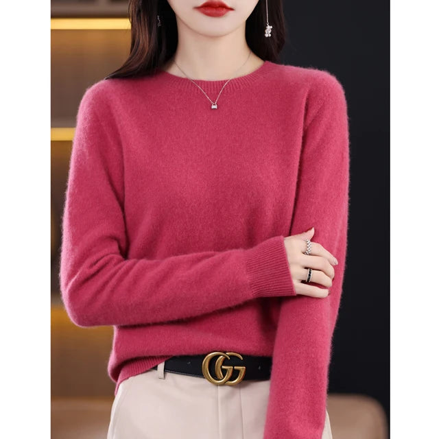 New Cashmere  Basic Top Long Sleeve Women O-Neck Knitted Sweater 100% Pure Merino Wool Pullover Clothing Knitwear