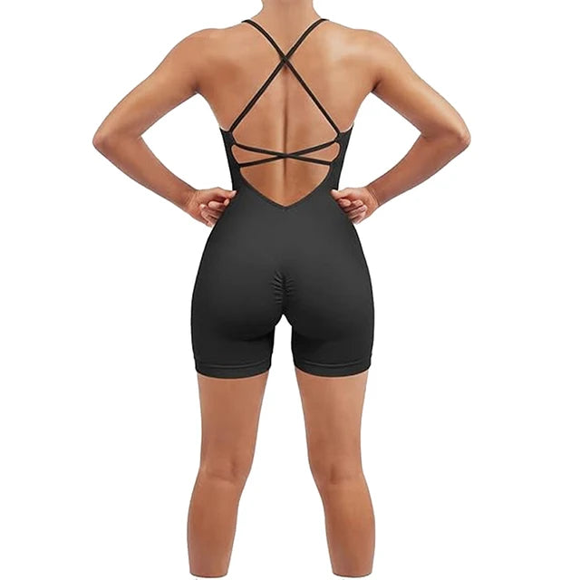 Tummy Control Padded One Piece Sports Bra Ribbed Quick-drying Fitness Tops Women Strappy Romper Seamless Jumpsuit