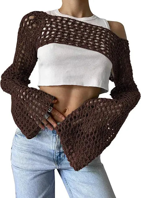 Women Big Fishnet Long Sleeve Cropped Sweaters Summer Fashion Lady O-Neck Flare Sleeve Hollow Out Short Knitted Pullovers