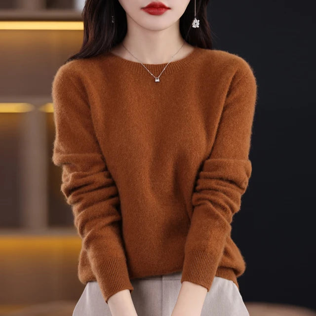 New Cashmere  Basic Top Long Sleeve Women O-Neck Knitted Sweater 100% Pure Merino Wool Pullover Clothing Knitwear