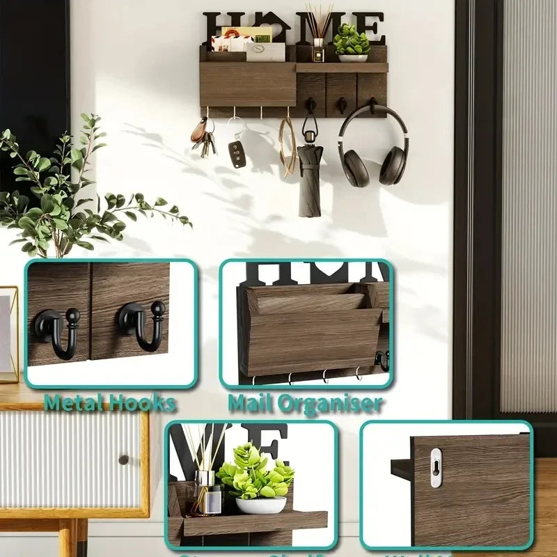 Soporte de almacenamiento para colgar en la pared, estante de almacenamiento para montar en pared de madera con 7 ganchos, organizador de almacenamiento de correo de plantas para decoración del hogar, 1 ud.