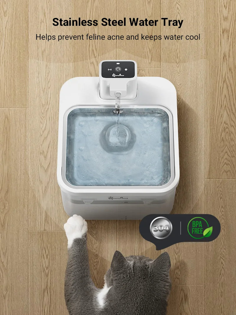 Downypaws 2.5L Automatic Stainless Steel Cat Water Fountain 4000Mah Wireless Pet Drinker Battery & Sensor 2 in 1 Dispenser