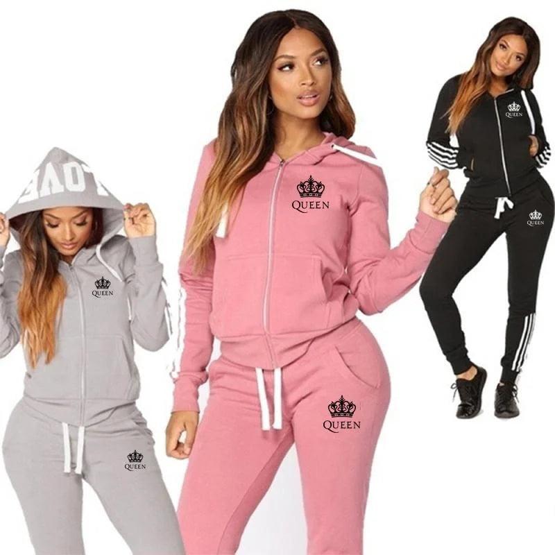 2023 Hot Sale Queen Casual Striped Zipper Pocket Pure Color Women Tracksuit Fashion Sportwear Hoodie + Trousers Jogging Suit