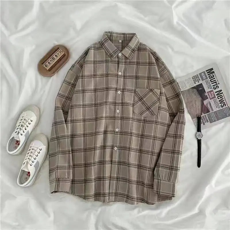 JMPRS Vintage Women Plaid Shirts Autumn Long Sleeve Oversize Button up Tops Korean Loose Casual Fall Outwear Femme Shirts