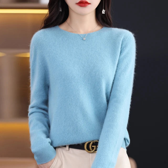 New Cashmere  Basic Top Long Sleeve Women O-Neck Knitted Sweater 100% Pure Merino Wool Pullover Clothing Knitwear