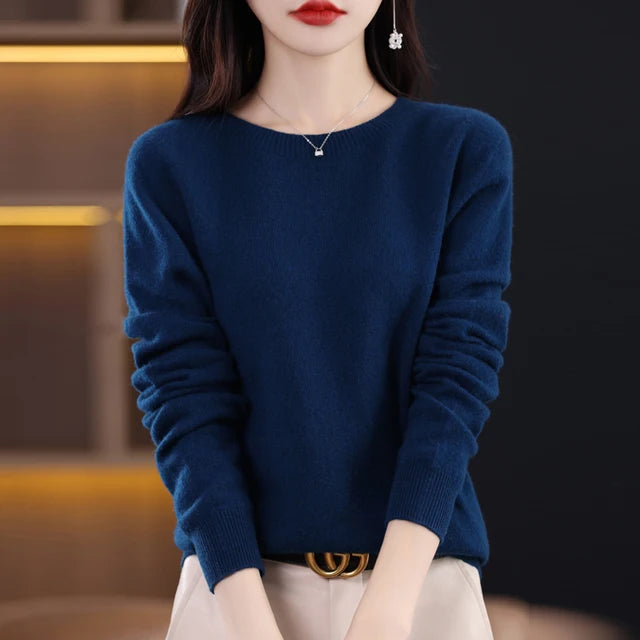 New Cashmere  Basic Top Long Sleeve Women O-Neck Knitted Sweater 100% Pure Merino Wool Pullover Clothing Knitwear