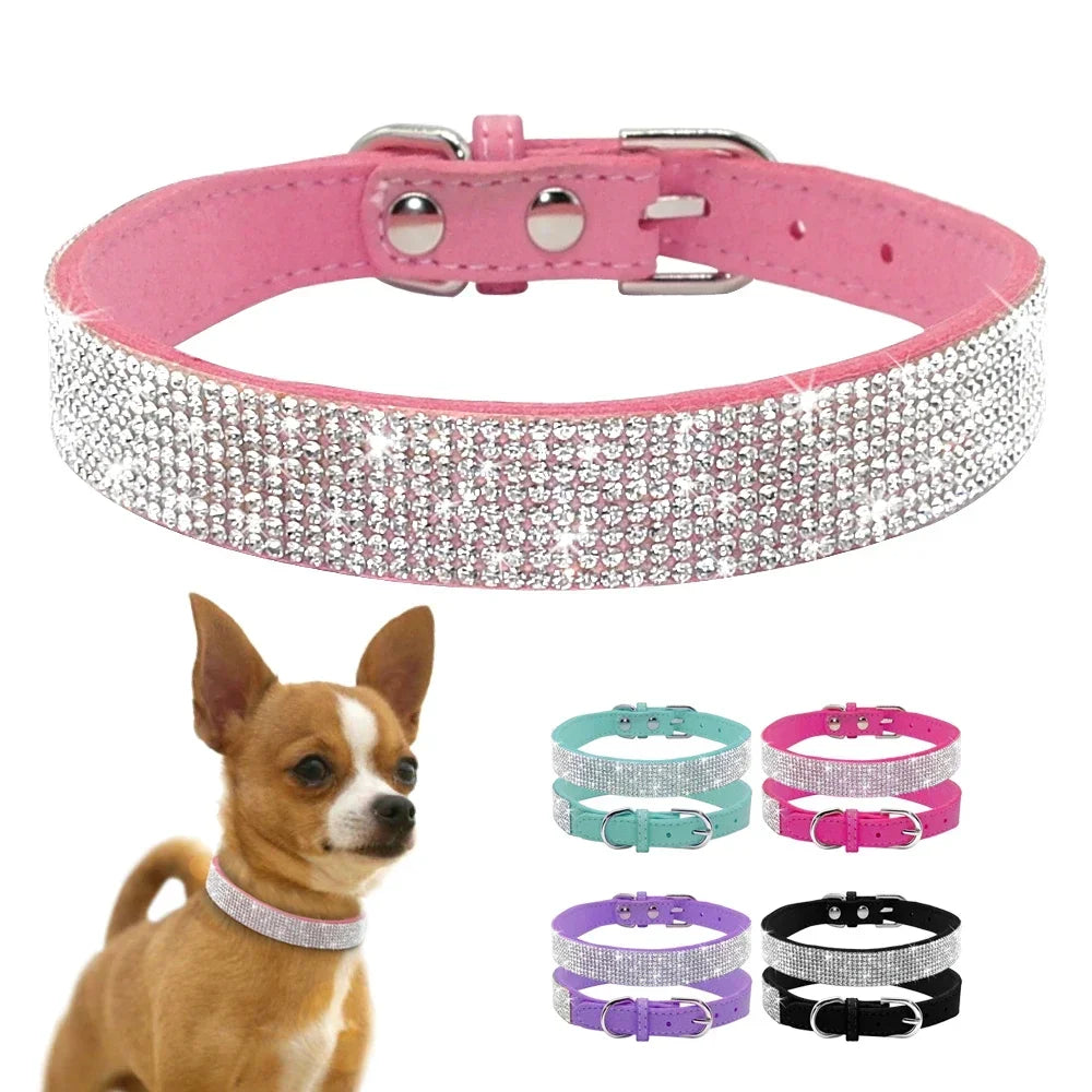 Collar de perro de cristal de fibra de ante, cómodo collar de perro con diamantes de imitación y purpurina, Collar con hebilla de aleación de Zinc para perros pequeños y gatos XXS-L