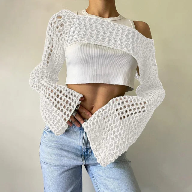 Women Big Fishnet Long Sleeve Cropped Sweaters Summer Fashion Lady O-Neck Flare Sleeve Hollow Out Short Knitted Pullovers