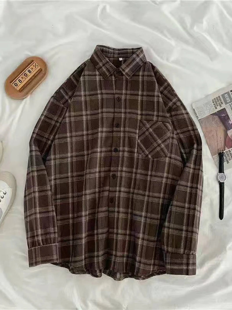 JMPRS Vintage Women Plaid Shirts Autumn Long Sleeve Oversize Button up Tops Korean Loose Casual Fall Outwear Femme Shirts