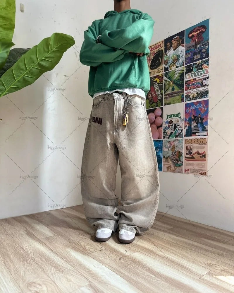 Oversized Harajuku Baggy Jeans American Retro Letter Print Wide-leg Straight Pants Men Gothic Punk Casual Trend Brand Streetwear Trousers