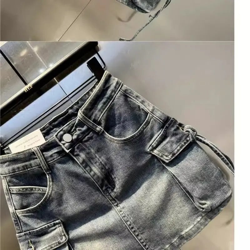 Y2K Fashion Three Dimensional Strap Pocket Wash High Tooling Denim Skirt Women Summer Vintage Casual Joker A Skirt