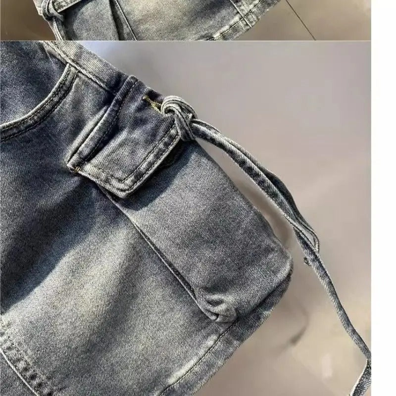 Y2K Fashion Three Dimensional Strap Pocket Wash High Tooling Denim Skirt Women Summer Vintage Casual Joker A Skirt