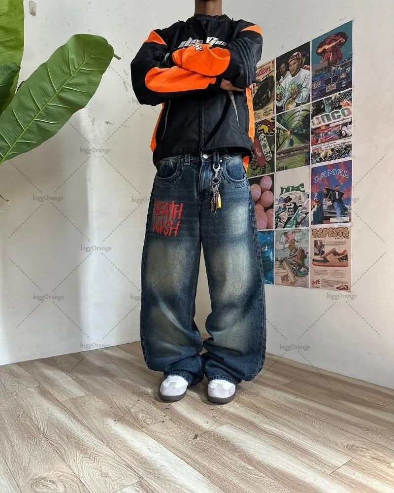 Oversized Harajuku Baggy Jeans American Retro Letter Print Wide-leg Straight Pants Men Gothic Punk Casual Trend Brand Streetwear Trousers