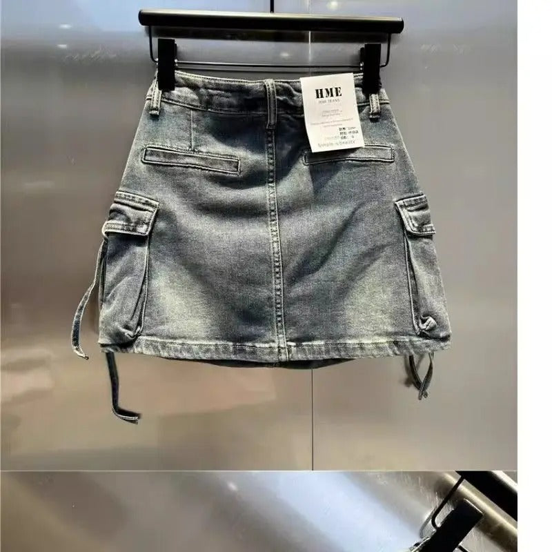 Y2K Fashion Three Dimensional Strap Pocket Wash High Tooling Denim Skirt Women Summer Vintage Casual Joker A Skirt