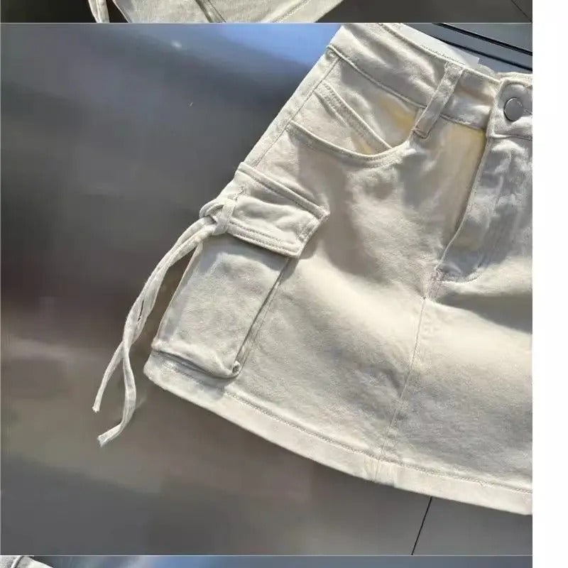 Y2K Fashion Three Dimensional Strap Pocket Wash High Tooling Denim Skirt Women Summer Vintage Casual Joker A Skirt