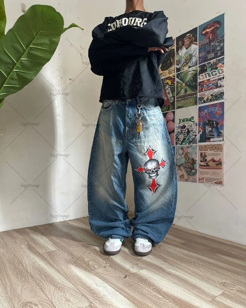 Oversized Harajuku Baggy Jeans American Retro Letter Print Wide-leg Straight Pants Men Gothic Punk Casual Trend Brand Streetwear Trousers