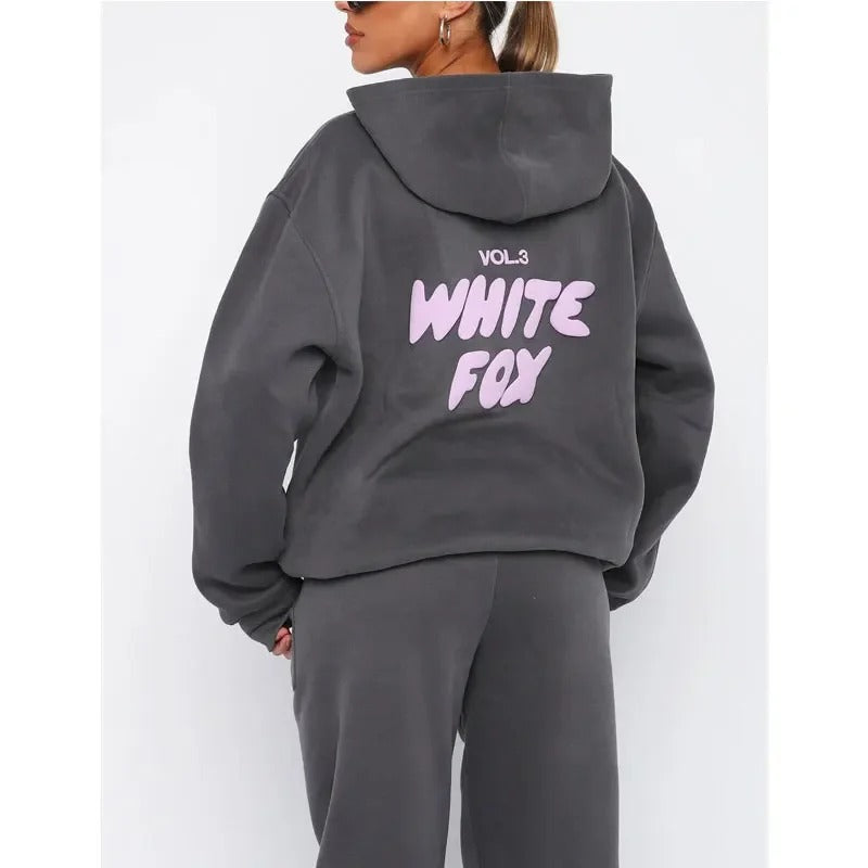 White Fox Women's hoodie set printed with wool letters loose two-piece sports pants