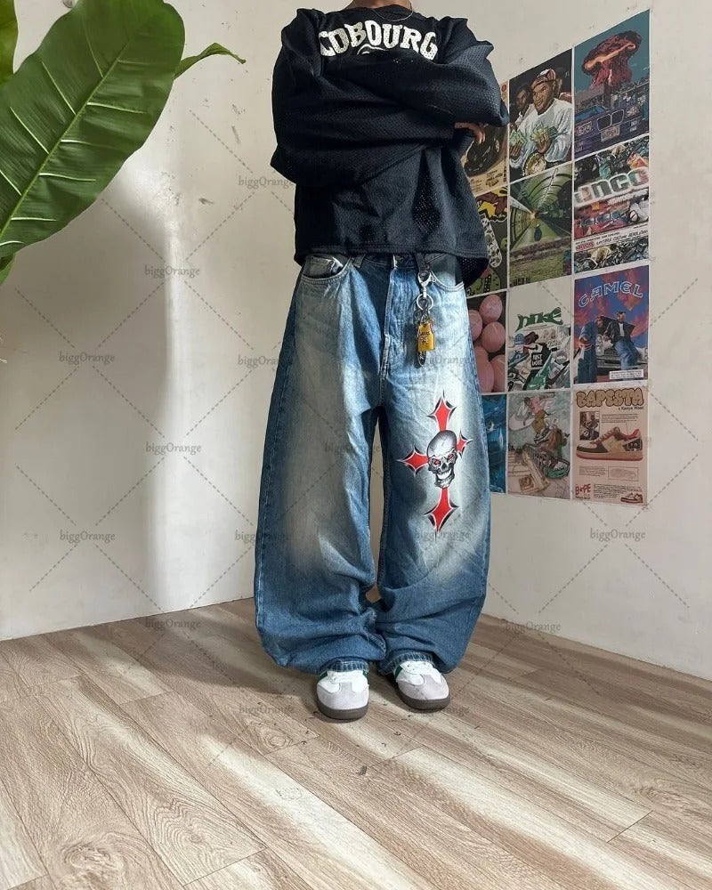 Oversized Harajuku Baggy Jeans American Retro Letter Print Wide-leg Straight Pants Men Gothic Punk Casual Trend Brand Streetwear Trousers