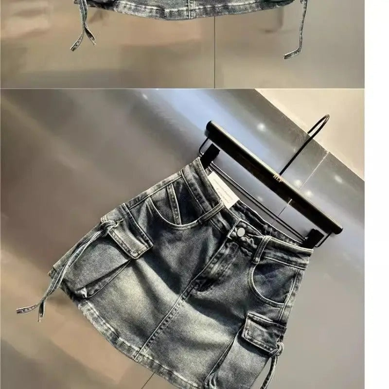 Y2K Fashion Three Dimensional Strap Pocket Wash High Tooling Denim Skirt Women Summer Vintage Casual Joker A Skirt