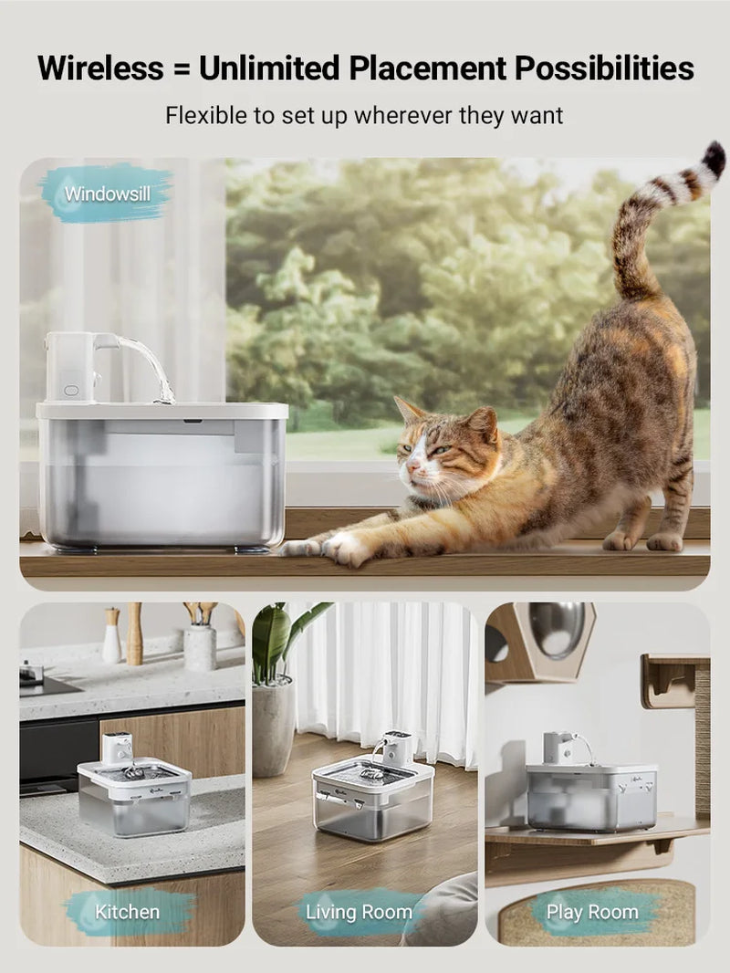 Downypaws 2.5L Automatic Stainless Steel Cat Water Fountain 4000Mah Wireless Pet Drinker Battery & Sensor 2 in 1 Dispenser