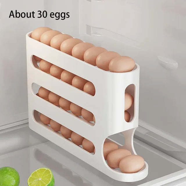 Estante rodante automático de 4 capas para huevos, caja para almacenamiento de huevos para nevera, contenedor, dispensador de huevos para refrigerador de cocina, organizador para nevera