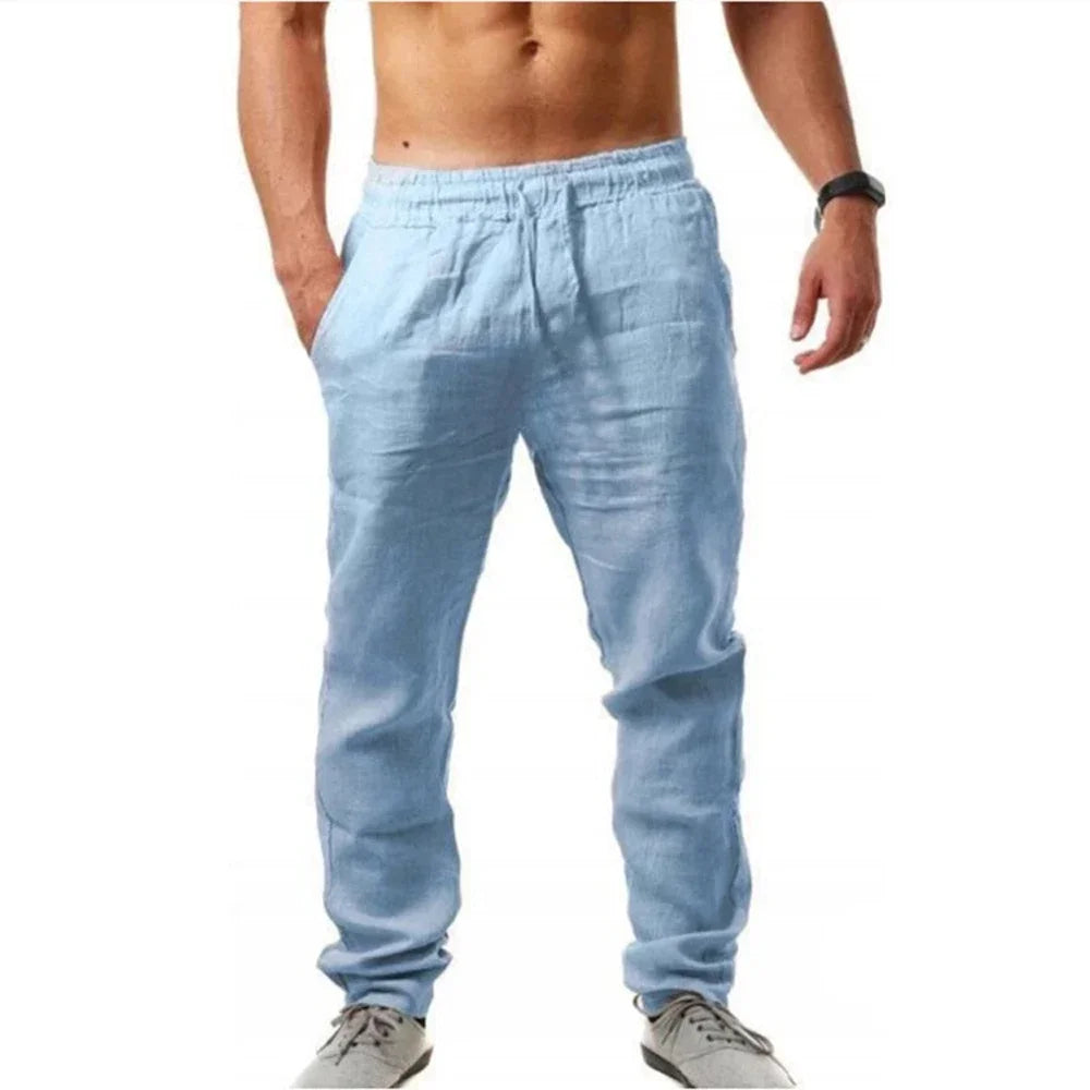 Men'S Linen Pants Summer Male Breathable Linen Trousers Sweatpants Solid Color Linen Fitness Pants Jogging Fitness Streetwear