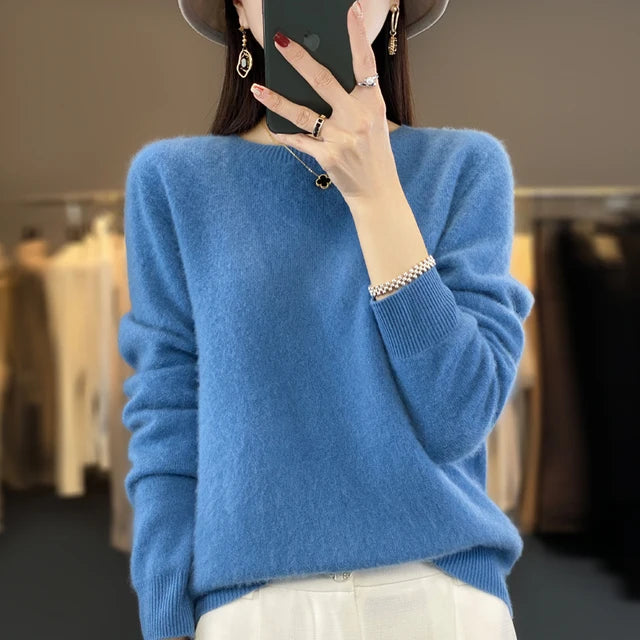 New Cashmere  Basic Top Long Sleeve Women O-Neck Knitted Sweater 100% Pure Merino Wool Pullover Clothing Knitwear