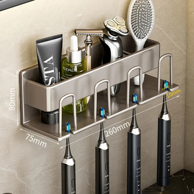 Porte-brosse à dents mural en aluminium, sans poinçon, crochet de rangement pour tasse de dentifrice, organisateur d'accessoires de salle de bains