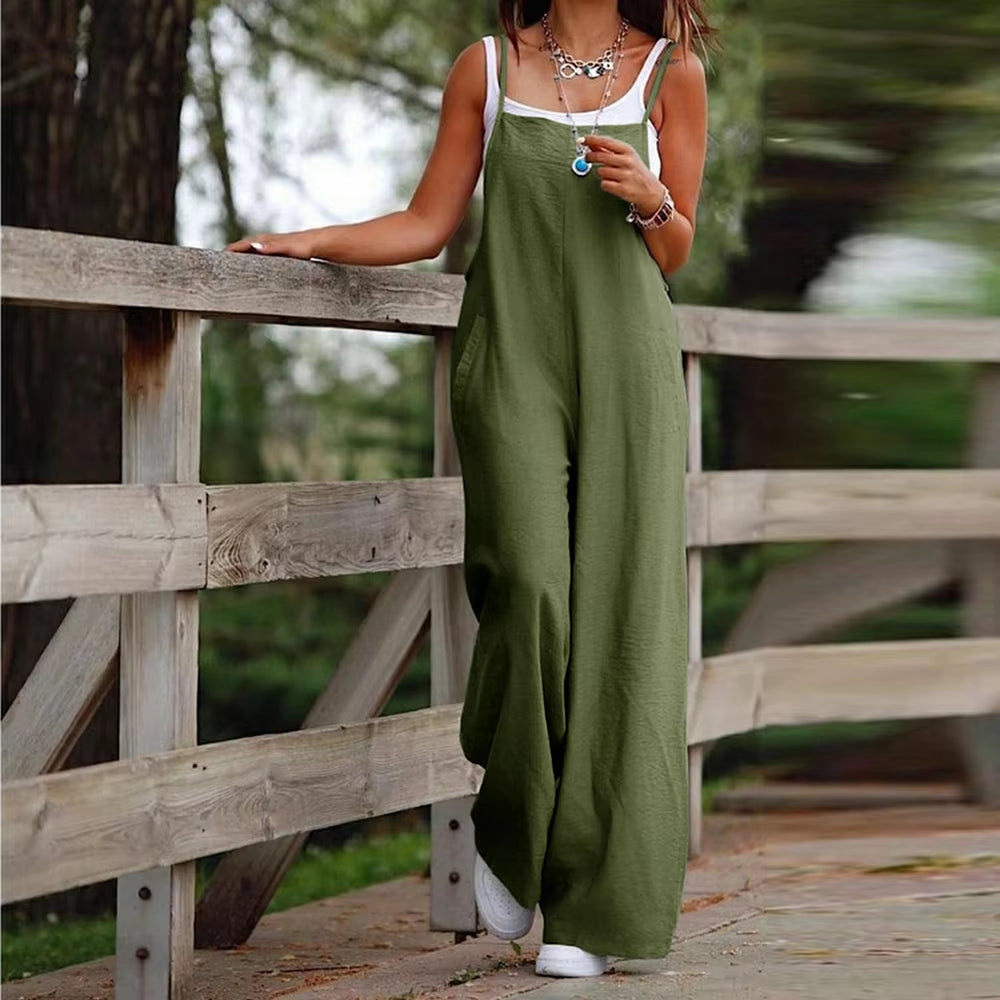 Plus Size Cotton Linen Overalls Pants Loose Wide -Footed Casual Jumpsuit for Women Clothing Oversized 2023 Summer Tourism