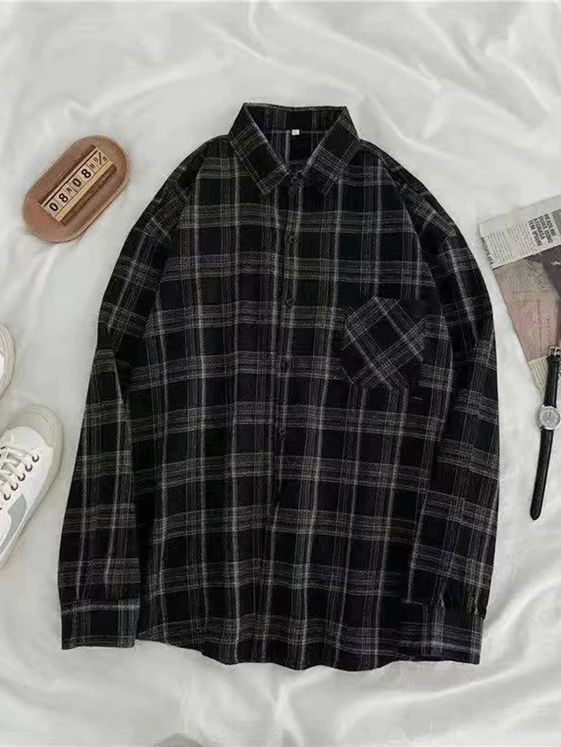 JMPRS Vintage Women Plaid Shirts Autumn Long Sleeve Oversize Button up Tops Korean Loose Casual Fall Outwear Femme Shirts