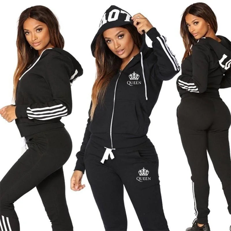 2023 Hot Sale Queen Casual Striped Zipper Pocket Pure Color Women Tracksuit Fashion Sportwear Hoodie + Trousers Jogging Suit