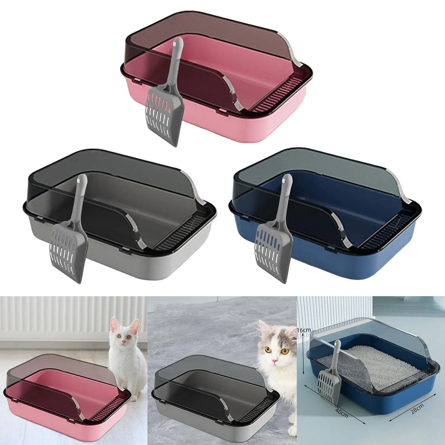 Open Top Cat Litter Box Removable with Cat Litter Shovel with High Side Cat Toilet for Small Medium Large Cats Small Pets