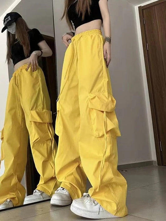 Y2K Women Cargo Pants Drawstring Vintage Solid Color Baggy Straight Trousers Streetwear Casual Wide Leg High Waist Sweatpants