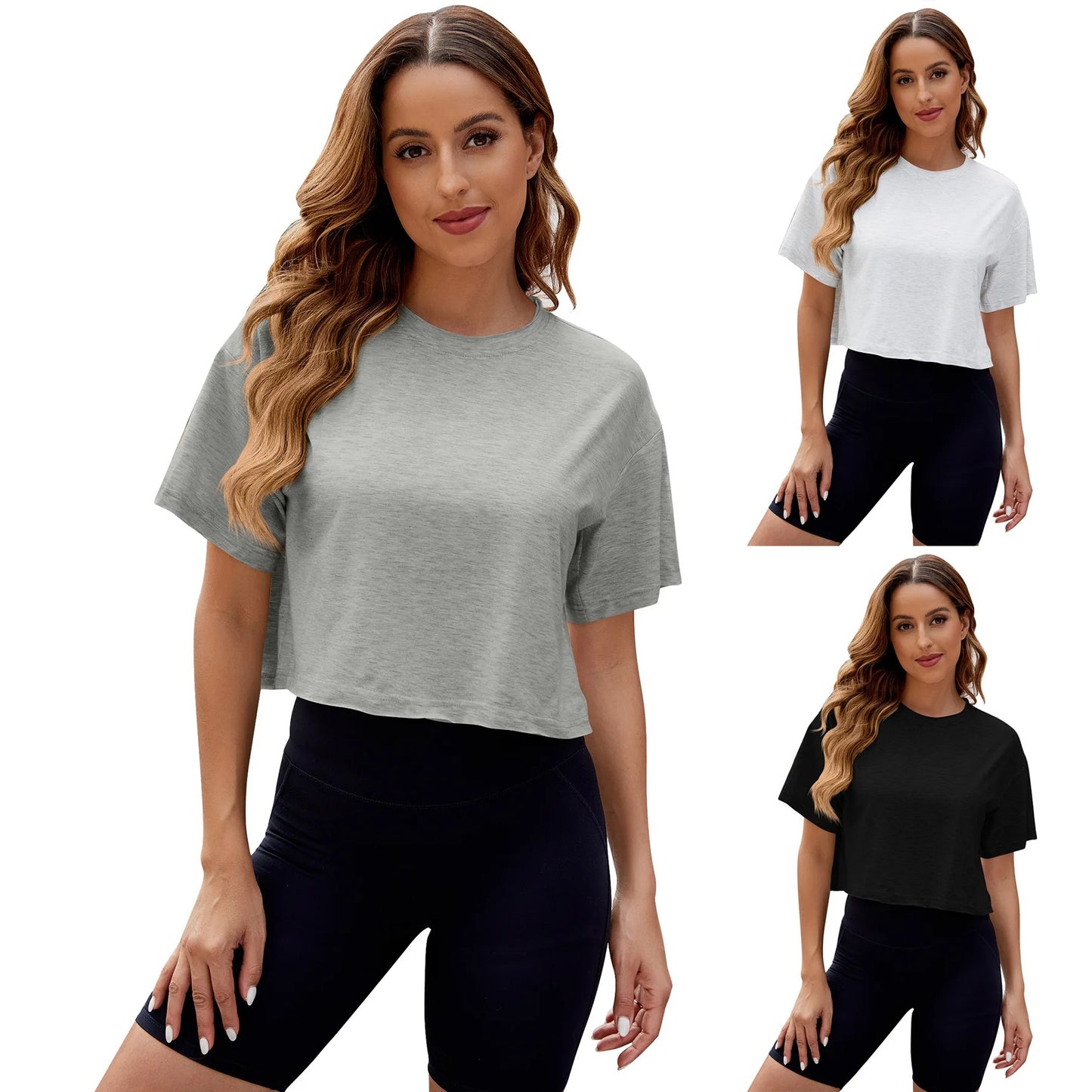 YJKDYK 2024 Summer Women T-shirt Shoulder Drop Round Neck Oversized Short Crop Top Exposed Navel T-shirt Female Sports T-shirt