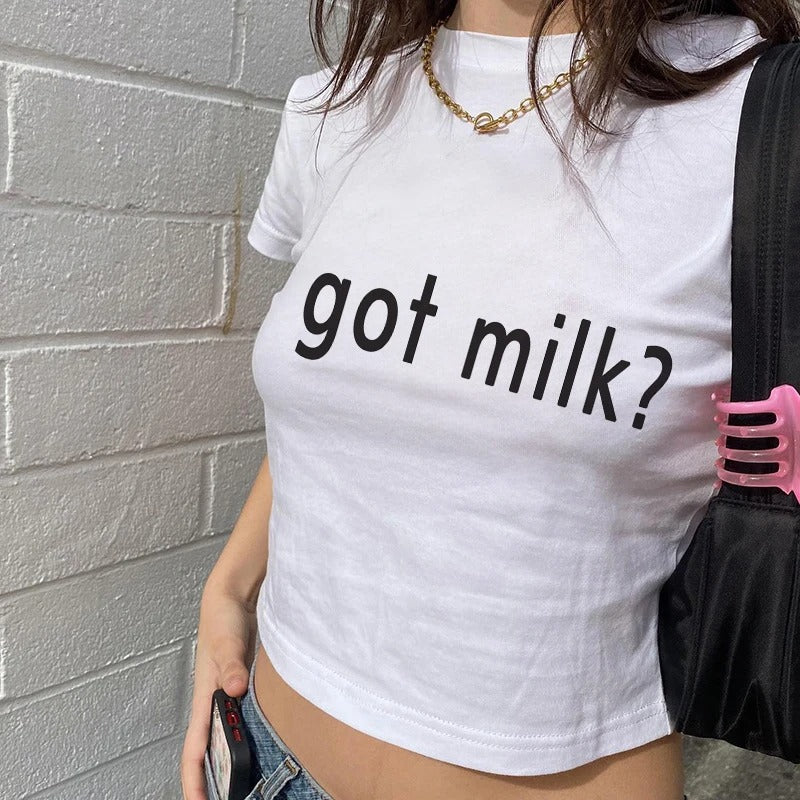 Women Crop Top White Fox Summer Sexy Got Milk Letter Graphic T Shirt Basic Streetwear Casual White Short Sleeve Y2k Girls Vintage T-shirts