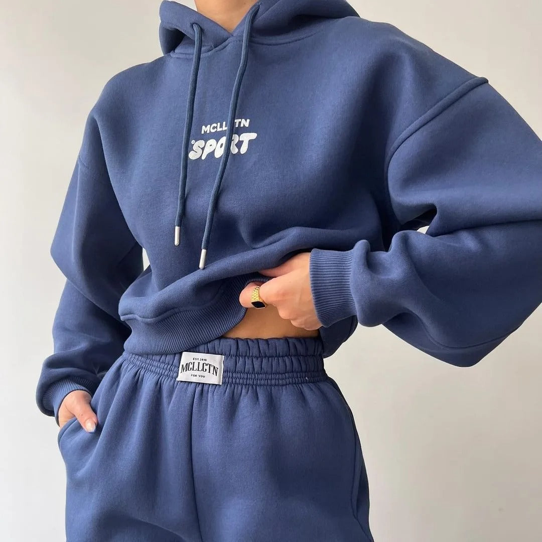 MCLLCTN Sport Women Tracksuit Solid Long Sleeve Letter Print Hoodie Fall Casual Loose Hooded Sets Warm Suit Trousers Two Piece Pants Sets