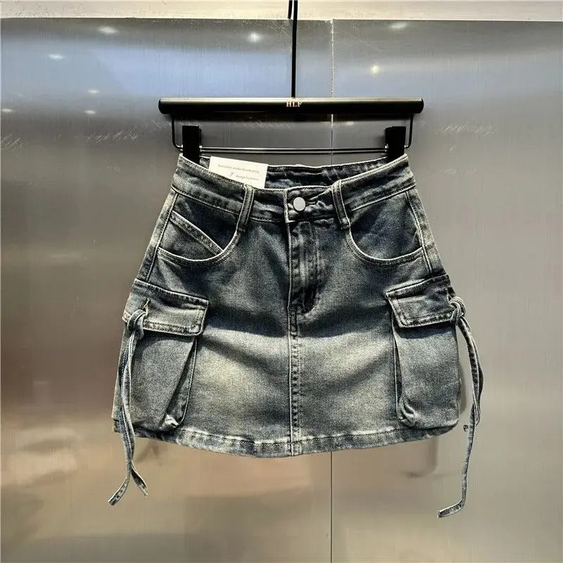 Y2K Fashion Three Dimensional Strap Pocket Wash High Tooling Denim Skirt Women Summer Vintage Casual Joker A Skirt