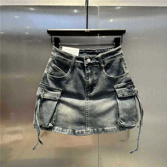 Y2K Fashion Three Dimensional Strap Pocket Wash High Tooling Denim Skirt Women Summer Vintage Casual Joker A Skirt