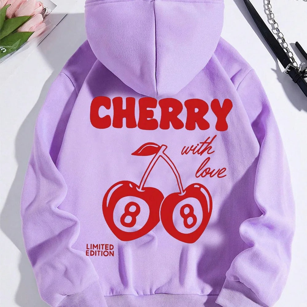 Cherry Print Long-Sleeved Sweater Women Spring Autumn Drawstring Hoodie Casual Vintage Ladies Basic Wear Hooded Tracksuit Tops