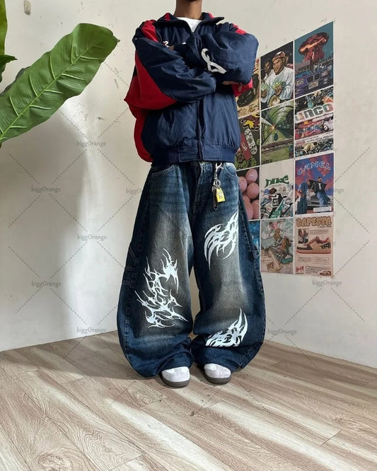 Oversized Harajuku Baggy Jeans American Retro Letter Print Wide-leg Straight Pants Men Gothic Punk Casual Trend Brand Streetwear Trousers